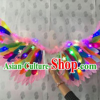 Top Grade Compere Professional Performance Catwalks Halloween Colorful Feather Wings, Traditional Brazilian Rio Carnival Dance Fancywork Led Light Clothing for Kids
