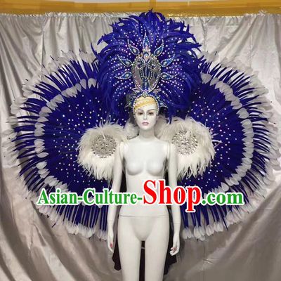 Top Grade Compere Professional Performance Catwalks Costumes Props and Headwear, Traditional Brazilian Rio Carnival Samba Opening Dance Blue Ostrich Feather Wings Suit Fancywork Clothing for Women