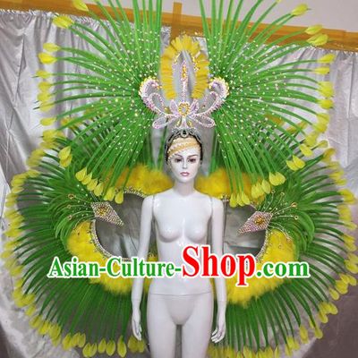 Top Grade Compere Professional Performance Catwalks Ostrich Feather Costumes and Headpiece, Traditional Brazilian Rio Carnival Samba Opening Dance Wings Clothing for Women