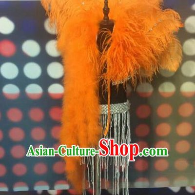 Top Grade Compere Professional Performance Catwalks Orange Feather Cappa, Traditional Brazilian Rio Carnival Samba Opening Dance Swimsuit Tippet Clothing for Kids
