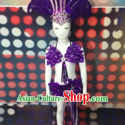 Top Grade Compere Professional Performance Catwalks Purple Feather Costumes and Headpiece, Traditional Brazilian Rio Carnival Samba Opening Dance Wings Swimsuit Clothing for Kids