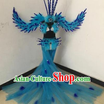 Top Grade Compere Professional Performance Catwalks Blue Feather Wings Costumes, Traditional Brazilian Rio Carnival Samba Opening Dance Props Modern Fancywork Swimsuit Clothing for Women