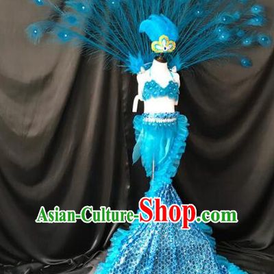 Top Grade Compere Professional Performance Catwalks Blue Peacock Feather Costumes, Traditional Brazilian Rio Carnival Samba Opening Dance Props Modern Fancywork Swimsuit Clothing for Kids