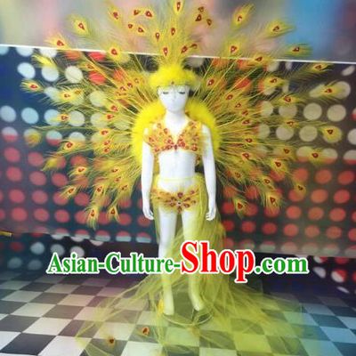 Top Grade Compere Professional Performance Catwalks Yellow Peacock Feather Costumes, Traditional Brazilian Rio Carnival Samba Opening Dance Props Modern Fancywork Swimsuit Clothing for Kids