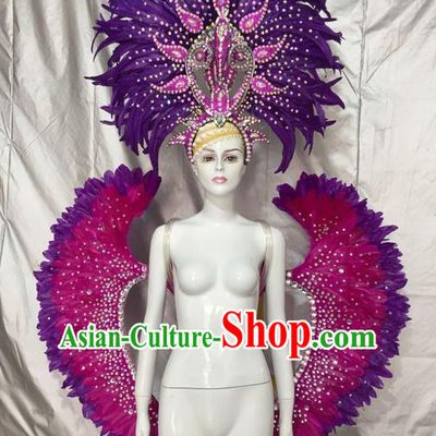 Top Grade Compere Professional Performance Catwalks Costumes and Headpiece, Traditional Brazilian Rio Carnival Samba Dance Rosy Feather Wings Suit Fancywork Clothing for Kids