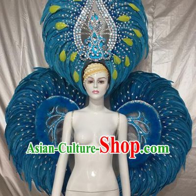 Top Grade Compere Professional Performance Catwalks Costumes and Headpiece, Traditional Brazilian Rio Carnival Samba Dance Blue Feather Wings Suit Fancywork Clothing for Women