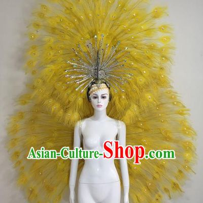 Top Grade Compere Professional Performance Catwalks Yellow Feather Wings Costume and Headpiece, Traditional Brazilian Rio Carnival Samba Opening Dance Suits Clothing for Women