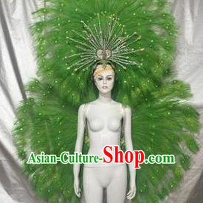 Top Grade Compere Professional Performance Catwalks Green Feather Wings Costume and Headpiece, Traditional Brazilian Rio Carnival Samba Opening Dance Suits Clothing for Women