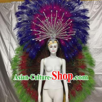 Top Grade Compere Professional Performance Catwalks Green Feather Wings Costume and Headpiece, Traditional Brazilian Rio Carnival Samba Opening Dance Suits Clothing for Women