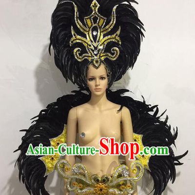 Top Grade Professional Performance Catwalks Black Feather Wings and Headwear, Brazilian Rio Carnival Samba Opening Dance Custom-made Customized Clothing for Women