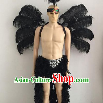 Top Grade Professional Stage Show Catwalks Halloween Black Feather Wings Costumes, Brazilian Rio Carnival Samba Opening Dance Custom-made Customized Swimsuit Clothing for Men