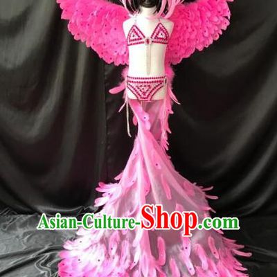 Top Grade Professional Stage Show Catwalks Halloween Wings Pink Feather Bikini Costumes and Headpiece, Brazilian Rio Carnival Samba Opening Dance Modern Fancywork Long Trailing Dress Clothing for Kids