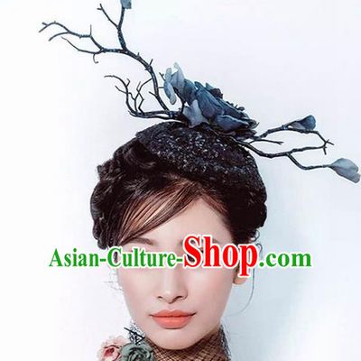 Top Grade Chinese Theatrical Luxury Headdress Ornamental Flowers Headwear, Halloween Fancy Ball Asian Traditional Headpieces Model Show Top Hat for Women