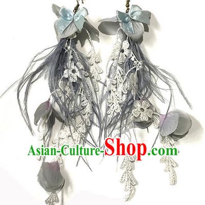 Top Grade Chinese Theatrical Luxury Flowers Earrings, Halloween Fancy Ball Asian Traditional Model Show Grey Feather Eardrop for Women