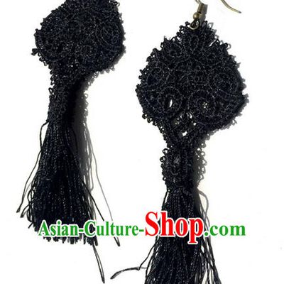 Top Grade Chinese Theatrical Luxury Lace Vintage Earrings, Halloween Fancy Ball Asian Traditional Model Show Black Tassel Eardrop for Women
