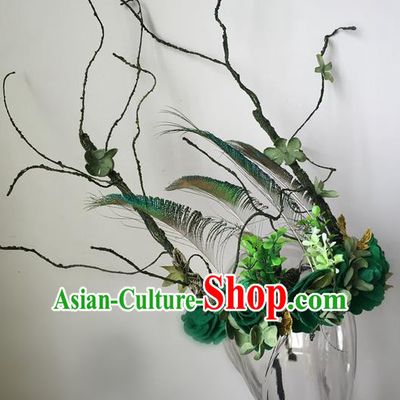 Top Grade Chinese Theatrical Luxury Headdress Ornamental Green Flowers Hair Accessories, Halloween Fancy Ball Ceremonial Occasions Handmade Witch Headwear for Women