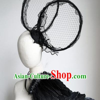Top Grade Chinese Theatrical Luxury Headdress Ornamental Black Feather Headwear and Wings, Halloween Fancy Ball Ceremonial Occasions Handmade Accessories for Women