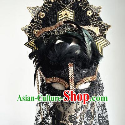 Top Grade Chinese Theatrical Luxury Headdress Ornamental Black Lace Mask and Headwear, Halloween Fancy Ball Ceremonial Occasions Handmade Mask Hair Accessories for Women