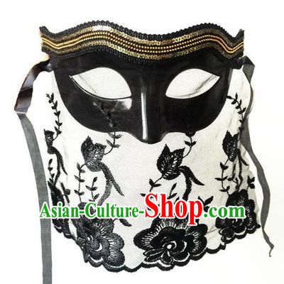 Top Grade Chinese Theatrical Luxury Headdress Ornamental Black Veil Mask, Halloween Fancy Ball Ceremonial Occasions Handmade Lace Mask for Women