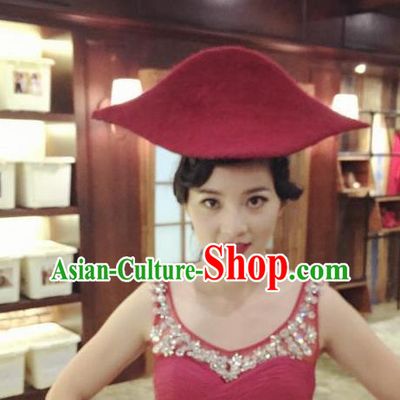 Top Grade Chinese Theatrical Luxury Headdress Ornamental Red Pirate Hat, Halloween Fancy Ball Ceremonial Occasions Handmade Sea Captain Hat for Women