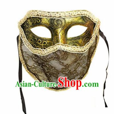 Top Grade Chinese Theatrical Headdress Ornamental Golden Mask, Halloween Fancy Ball Ceremonial Occasions Handmade Punk Face Mask for Men