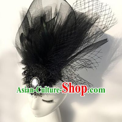 Top Grade Chinese Theatrical Headdress Traditional Ornamental Black Veil Headwear, Brazilian Carnival Halloween Occasions Handmade Vintage Queen Hair Clasp for Women