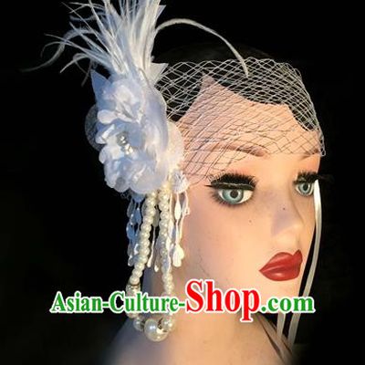 Top Grade Chinese Theatrical Headdress Traditional Ornamental White Feather Headband, Brazilian Carnival Halloween Occasions Handmade Veil Pearl Hair Clasp for Women