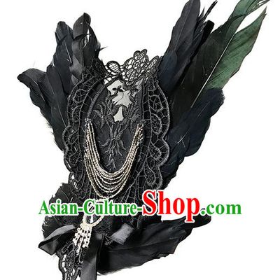 Top Grade Chinese Theatrical Headdress Traditional Ornamental Black Feather Headband, Brazilian Carnival Halloween Occasions Handmade Miami Feathers Hair Clasp for Women