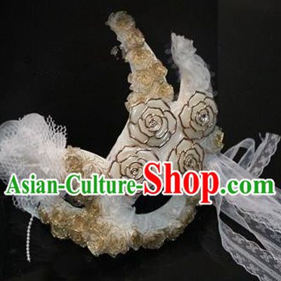 Top Grade Chinese Theatrical Headdress Traditional Ornamental Princess Lace Mask, Brazilian Carnival Halloween Occasions Handmade Miami White Mask for Women