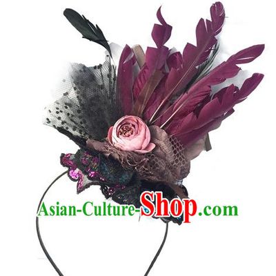 Top Grade Chinese Theatrical Headdress Ornamental Feather Hair Clasp, Asian Traditional Halloween Occasions Handmade Headwear for Women