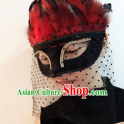 Top Grade Chinese Theatrical Headdress Ornamental Red Feather Mask, Asian Traditional Halloween Occasions Handmade Veil Mask for Women