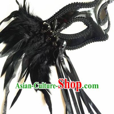 Top Grade Chinese Theatrical Headdress Ornamental Black Feather Mask, Asian Traditional Halloween Occasions Handmade Debutante Lace Mask for Women