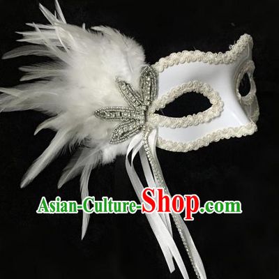 Top Grade Chinese Theatrical Headdress Ornamental White Feather Mask, Asian Traditional Halloween Occasions Handmade Debutante Lace Mask for Women