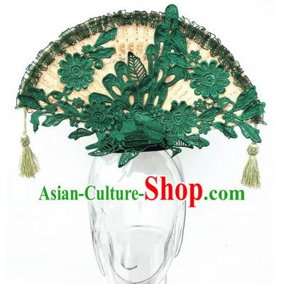 Top Grade Chinese Theatrical Headdress Ornamental Asian Green Lace Fanshaped Floral Hair Accessories, Halloween Fancy Ball Ceremonial Occasions Handmade Headwear for Women