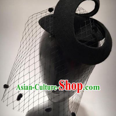 Top Grade Chinese Theatrical Traditional Ornamental Veil Top Hat, Brazilian Carnival Halloween Occasions Handmade Black Woolen Headwear for Women