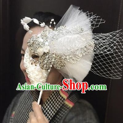 Top Grade Chinese Theatrical Traditional Ornamental Beige Pearl Mask, Brazilian Carnival Halloween Occasions Handmade Vintage Mask for Women