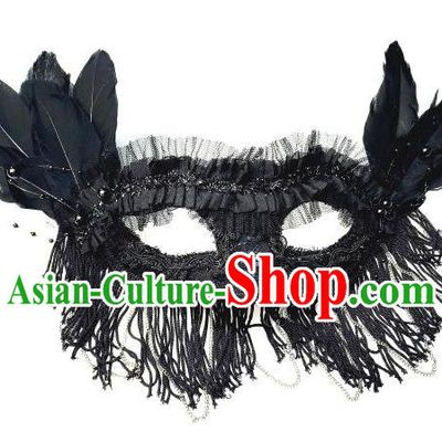 Top Grade Chinese Theatrical Headdress Ornamental Black Lace Mask, Brazilian Carnival Halloween Occasions Handmade Miami Debutante Tassel Mask for Women