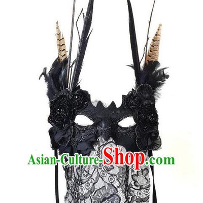 Top Grade Chinese Theatrical Headdress Ornamental Lace Veil Mask, Brazilian Carnival Halloween Occasions Handmade Miami Debutante Black Mask for Women