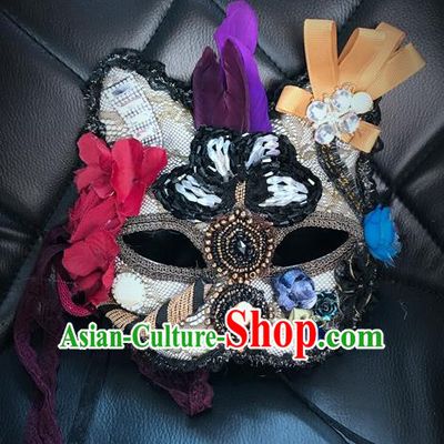 Top Grade Chinese Theatrical Headdress Ornamental Masquerade Mask, Brazilian Carnival Halloween Occasions Handmade Miami Debutante Flower Cat Mask for Women