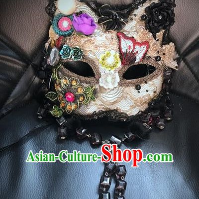 Top Grade Chinese Theatrical Headdress Ornamental Masquerade Lace Mask, Brazilian Carnival Halloween Occasions Handmade Miami Debutante Crystal Cat Mask for Women