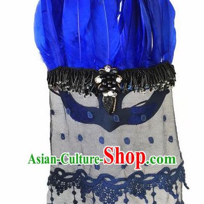 Top Grade Chinese Theatrical Headdress Ornamental Masquerade Blue Feather Mask, Brazilian Carnival Halloween Occasions Handmade Miami Veil Mask for Women