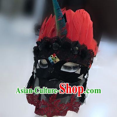 Top Grade Chinese Theatrical Headdress Ornamental Masquerade Red Feather Mask, Brazilian Carnival Halloween Occasions Handmade Miami Veil Mask for Women