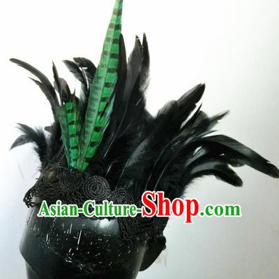 Top Grade Chinese Theatrical Headdress Ornamental Masquerade Green Feather Hair Accessories, Brazilian Carnival Halloween Occasions Handmade Miami Headwear for Women