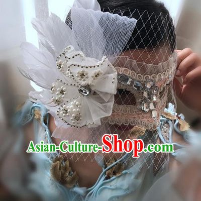 Top Grade Chinese Theatrical Headdress Ornamental Masquerade White Mask, Brazilian Carnival Halloween Occasions Handmade Miami Veil Crystal Mask for Women