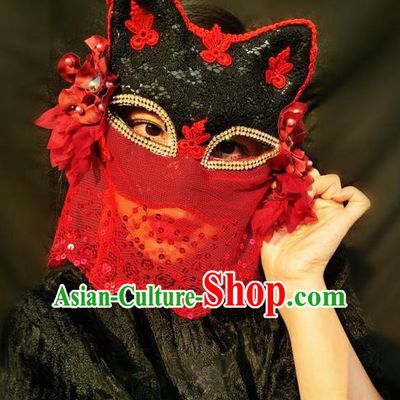 Top Grade Chinese Theatrical Headdress Ornamental Masquerade Cat Mask, Brazilian Carnival Halloween Occasions Handmade Miami Red Lace Veil Mask for Women