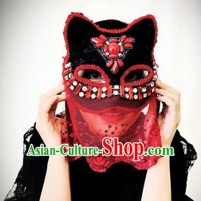 Top Grade Chinese Theatrical Headdress Ornamental Masquerade Beads Cat Mask, Brazilian Carnival Halloween Occasions Handmade Miami Red Lace Veil Mask for Women