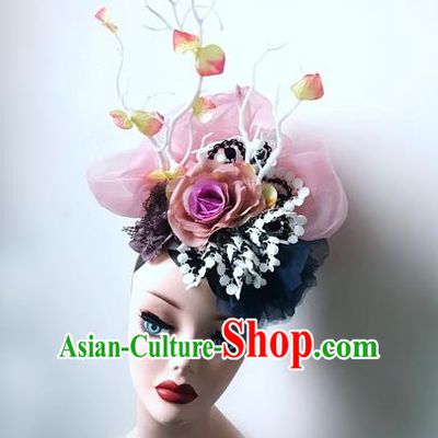 Top Grade Asian Headpiece Headdress Ornamental Silk Flowers Hair Accessories, Brazilian Carnival Halloween Occasions Handmade Miami Veil Headwear for Women
