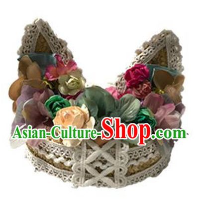 Top Grade Asian Headpiece Headdress Ornamental Cat Ears Flowers Hair Accessories, Brazilian Carnival Halloween Occasions Handmade Miami Lace Hat for Women