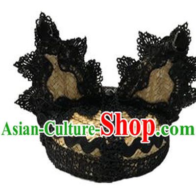 Top Grade Asian Headpiece Headdress Ornamental Cat Ears Hair Accessories, Brazilian Carnival Halloween Occasions Handmade Miami Black Lace Hat for Women