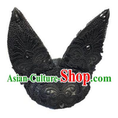 Top Grade Asian Headpiece Headdress Ornamental Cat Ears Hair Accessories, Brazilian Carnival Halloween Occasions Handmade Miami Black Lace Hat for Women